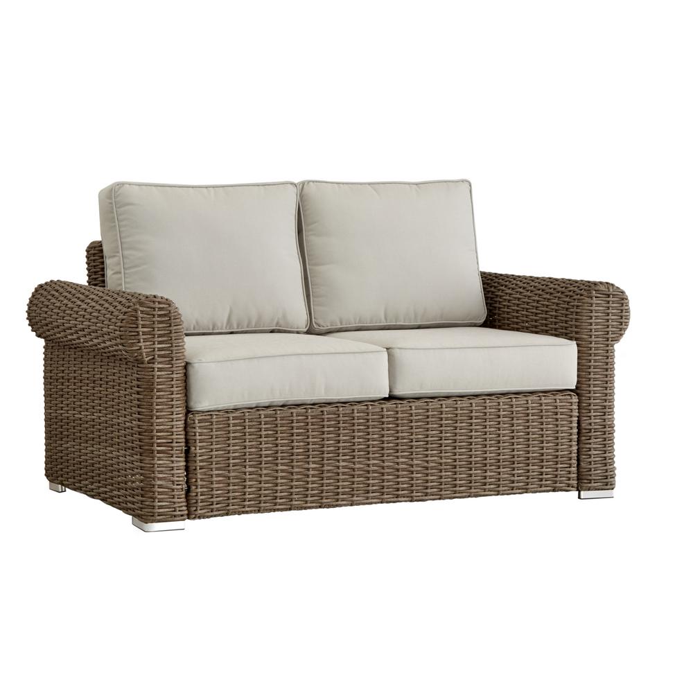 Homesullivan Camari Mocha Rolled Arm Wicker Outdoor Loveseat With Beige Cushion