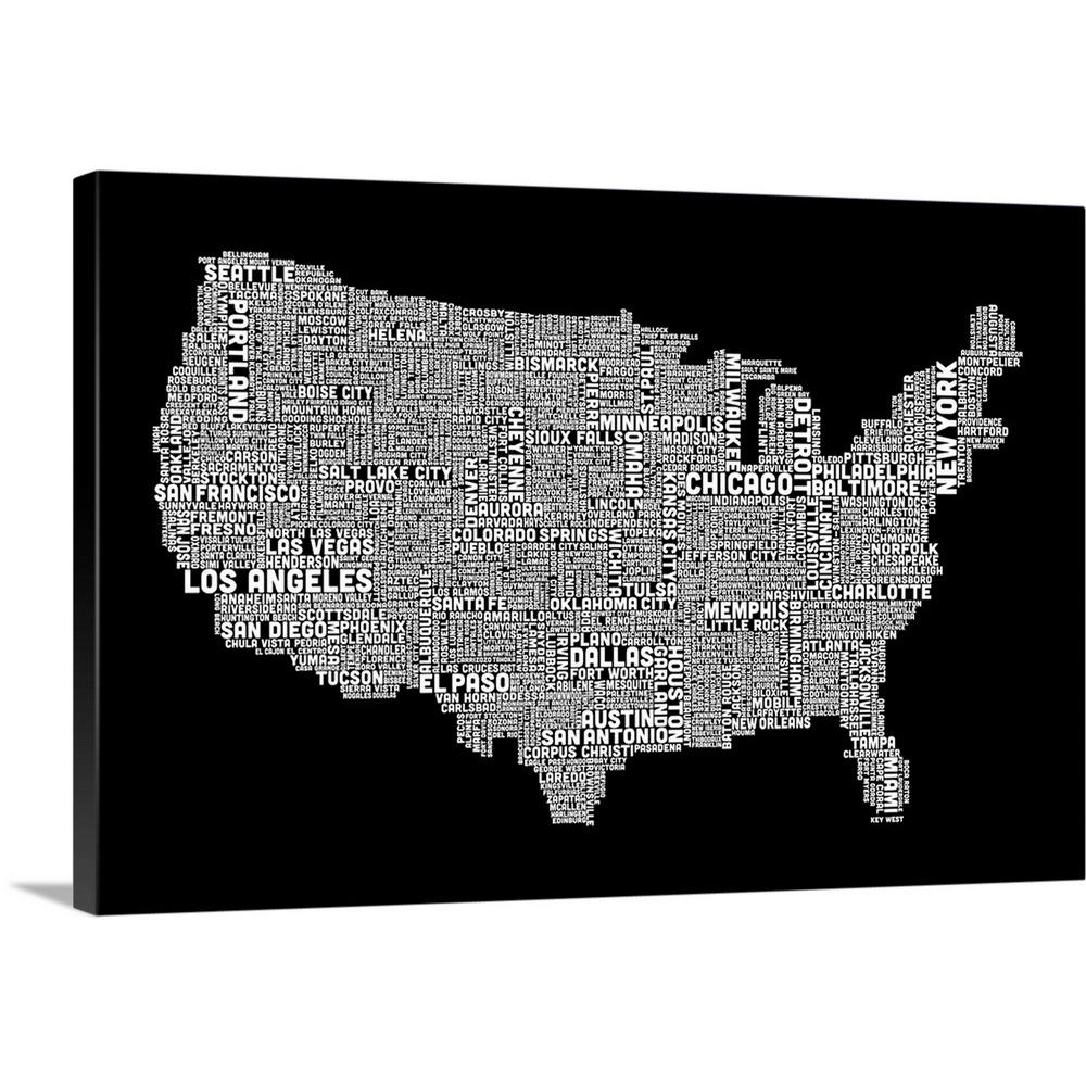 Greatbigcanvas United States Cities Text Map Black And White By