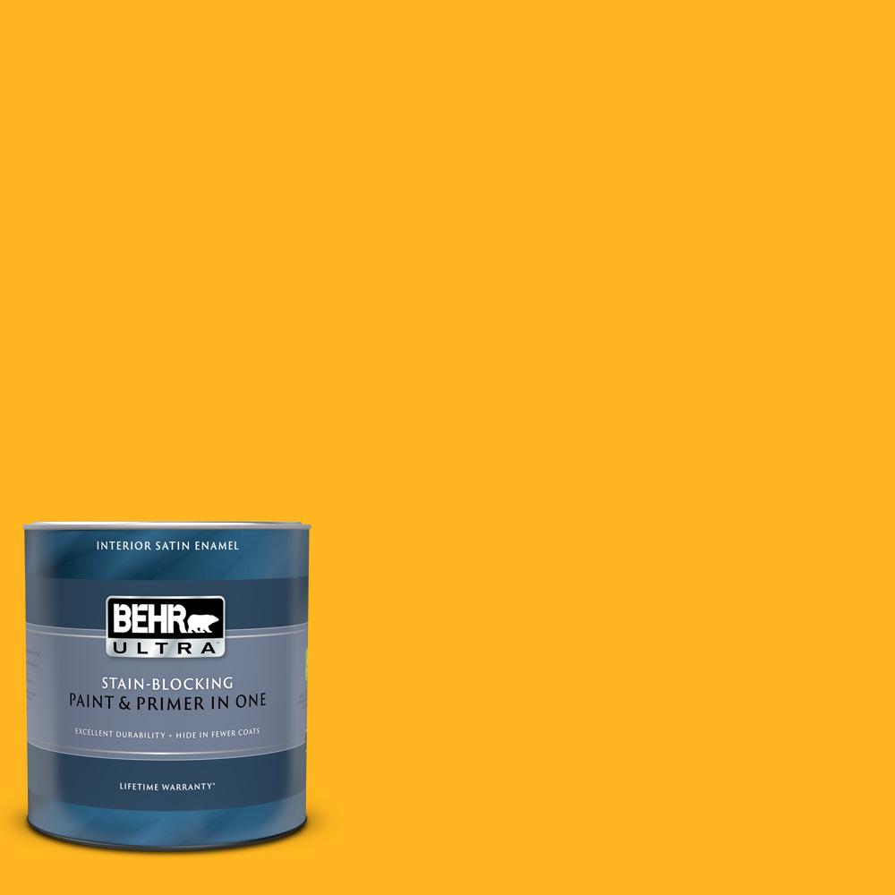 BEHR ULTRA 1 qt. P2607 Extreme Yellow Satin Enamel Interior Paint and