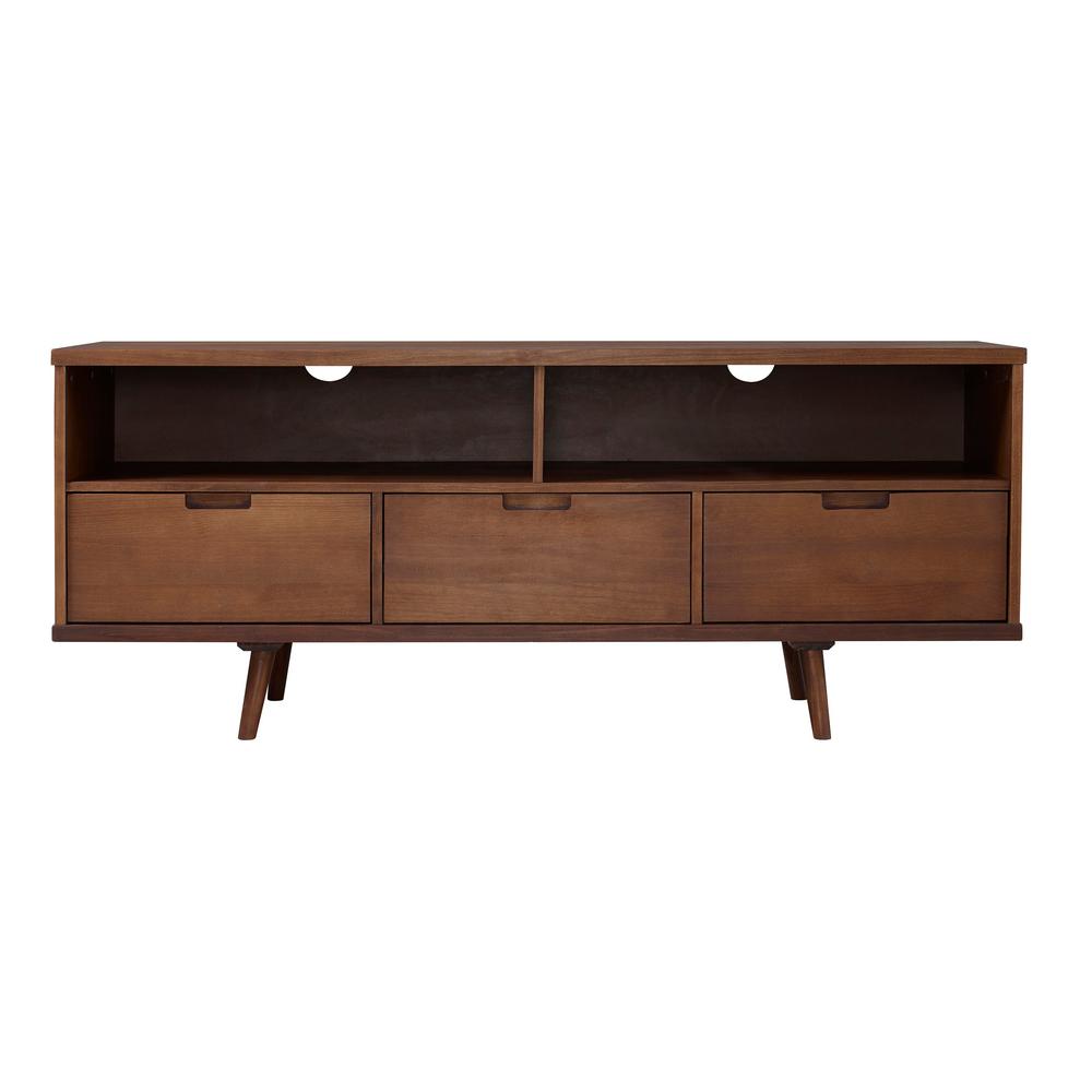 Walker Edison Furniture Company 58 In 3 Drawer Walnut Mid Century 3 Drawer Walnut Mid Century Modern Tv Stand