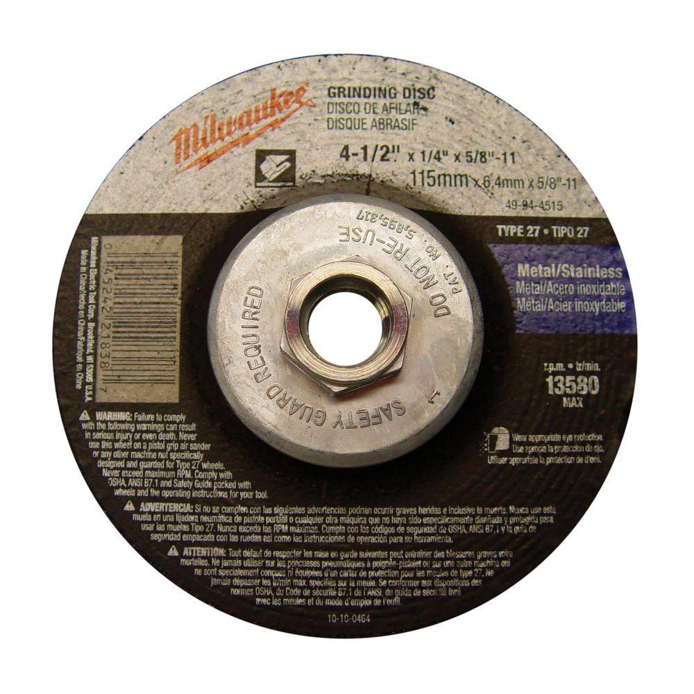 Milwaukee 41/2 in. x 1/4 in. x 5/811 in. Grinding Wheel (Type 27)49
