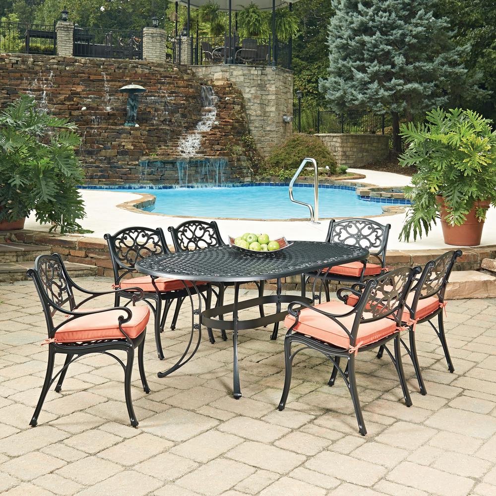 Oval Cast Aluminum Rust Resistant Patio Dining Furniture Biscayne Black 7 Piece Cast Aluminum Outdoor Dining Set With C Cushions
