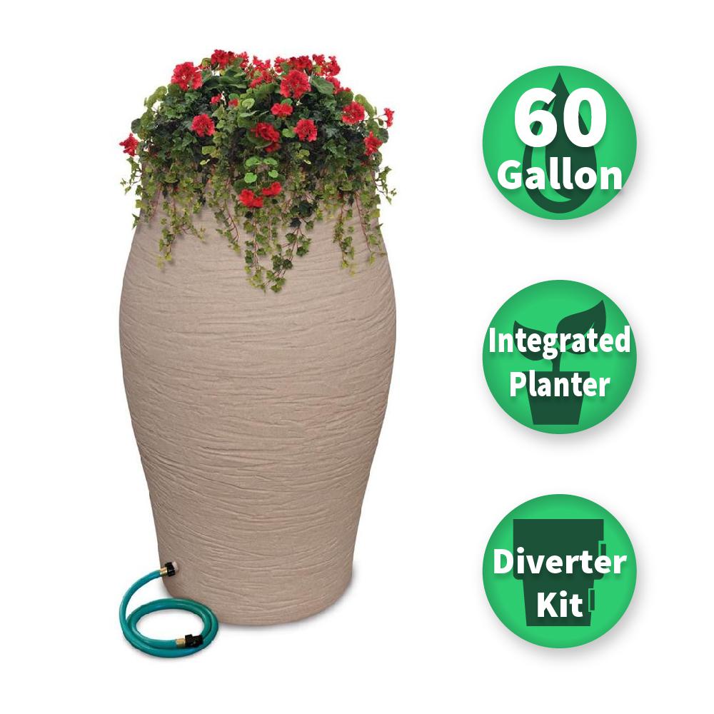 RESCUE 60 Gal. Sandstone Decorative Rain Barrel Kit with Planter and Diverter System22631