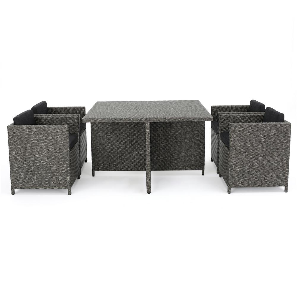 Patio Dining Sets Furniture The Home Depot Puerta Grey 5 Piece Wicker Square Outdoor Dining Set With Black Cushions