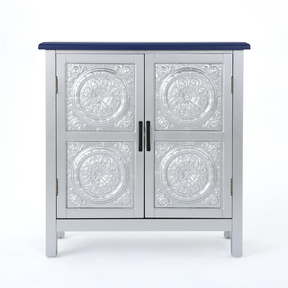 Noble House Silver 2 Door Cabinet With Navy Blue Top 15069 The Door Cabinet With Navy Blue Top 15069