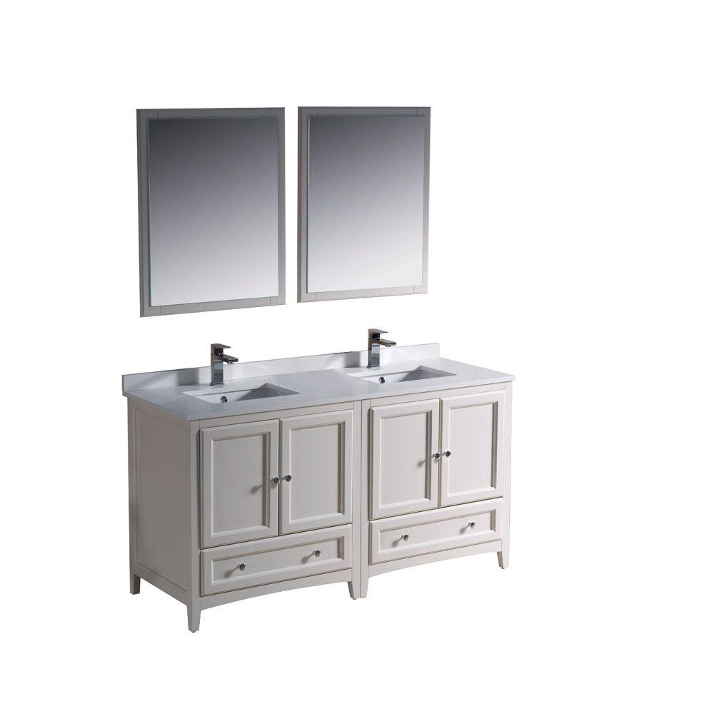 Fresca Oxford 60 In Double Vanity In Antique White With Ceramic Vanity Top In White With White Basins And Mirror
