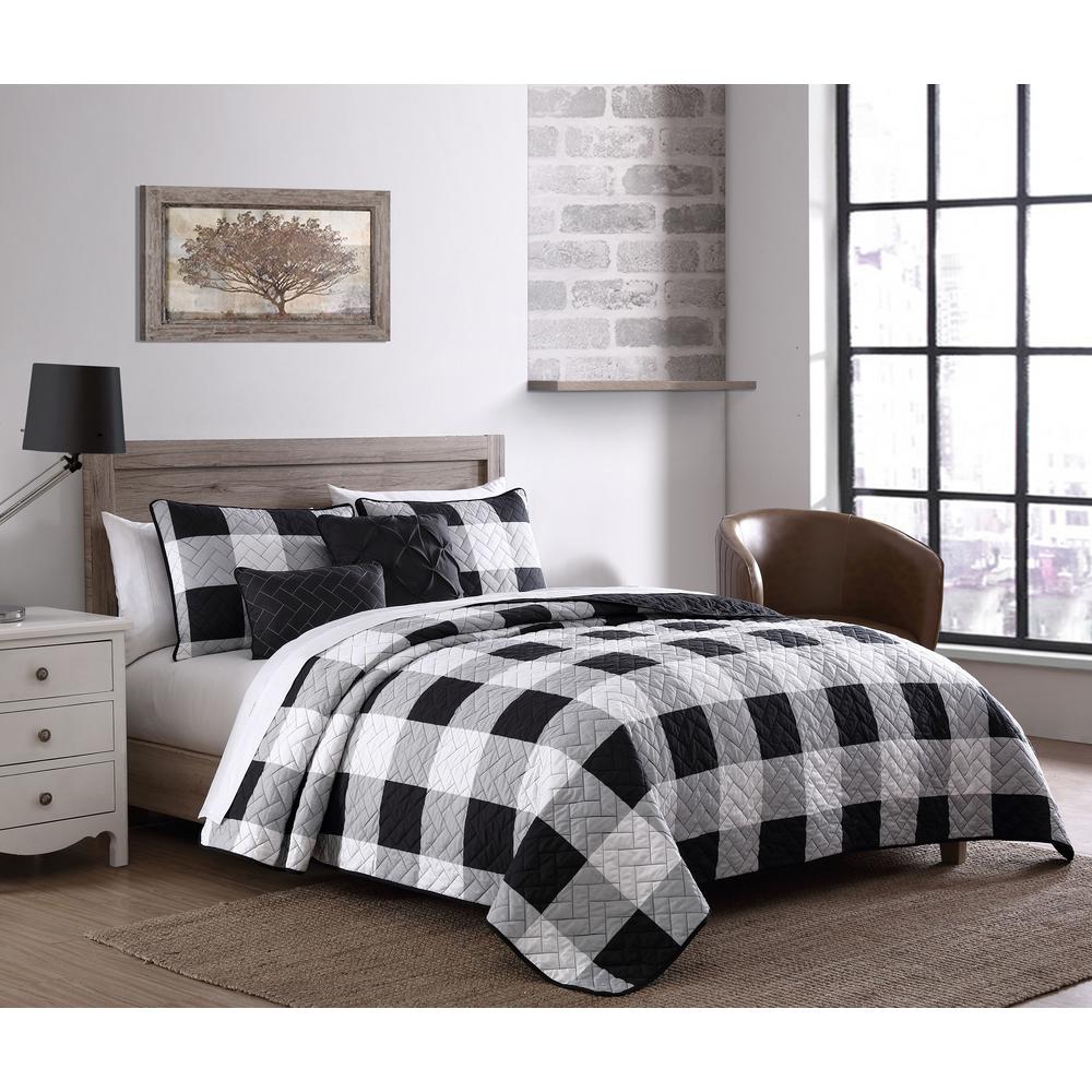 Buffalo Plaid 4 Piece Black White Twin Quilt Set With Throw