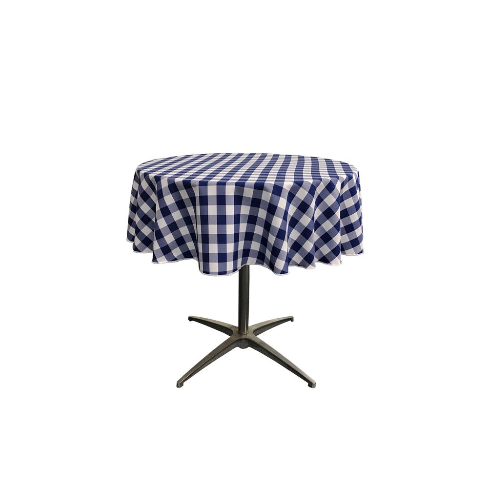 La Linen 58 In White And Navy Polyester Gingham Checkered Round White And Navy Polyester Gingham Checkered Round Tablecloth