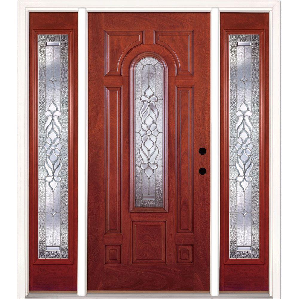Feather River Doors 67.5 in.x81.625in.Lakewood Zinc Center Arch Lt Stained Cherry Mahogany LtHd