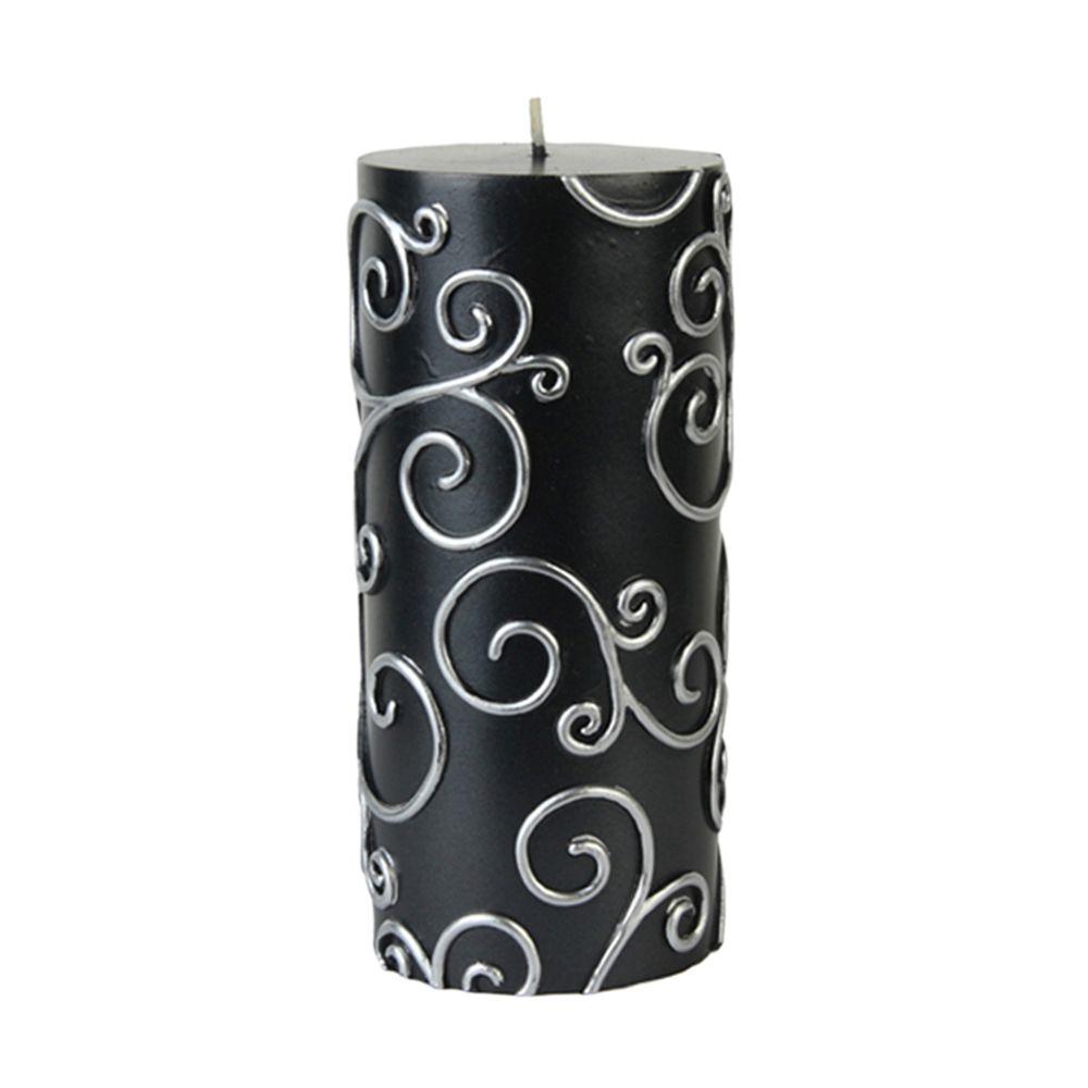 Zest Candle 3 In X 4 In Black Scroll Pillar Candle Bulk 12 Case
