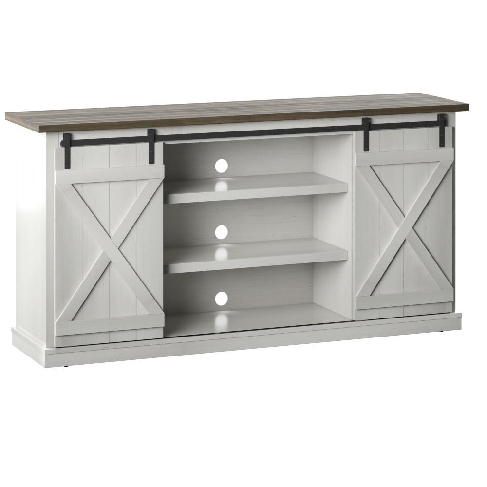 Twin Star Home 64 in. Old Wood White TV Stand with Barndoors Fits TV's Up to 70 in. with Cable Management