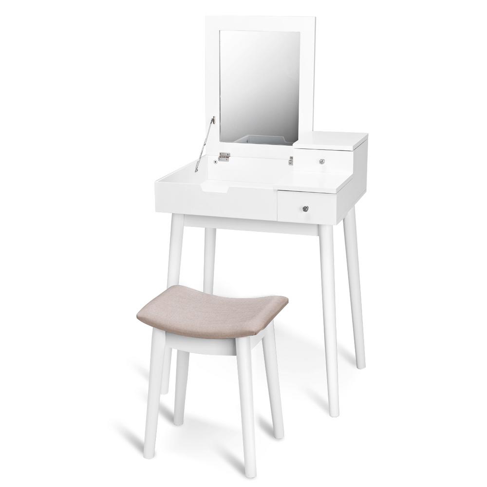 Costway 2 Piece White Living Room Set Vanity Dressing Table Set Flip Mirror Desk Furniture Stool With 2 Drawer Hw59212 The Home Depot