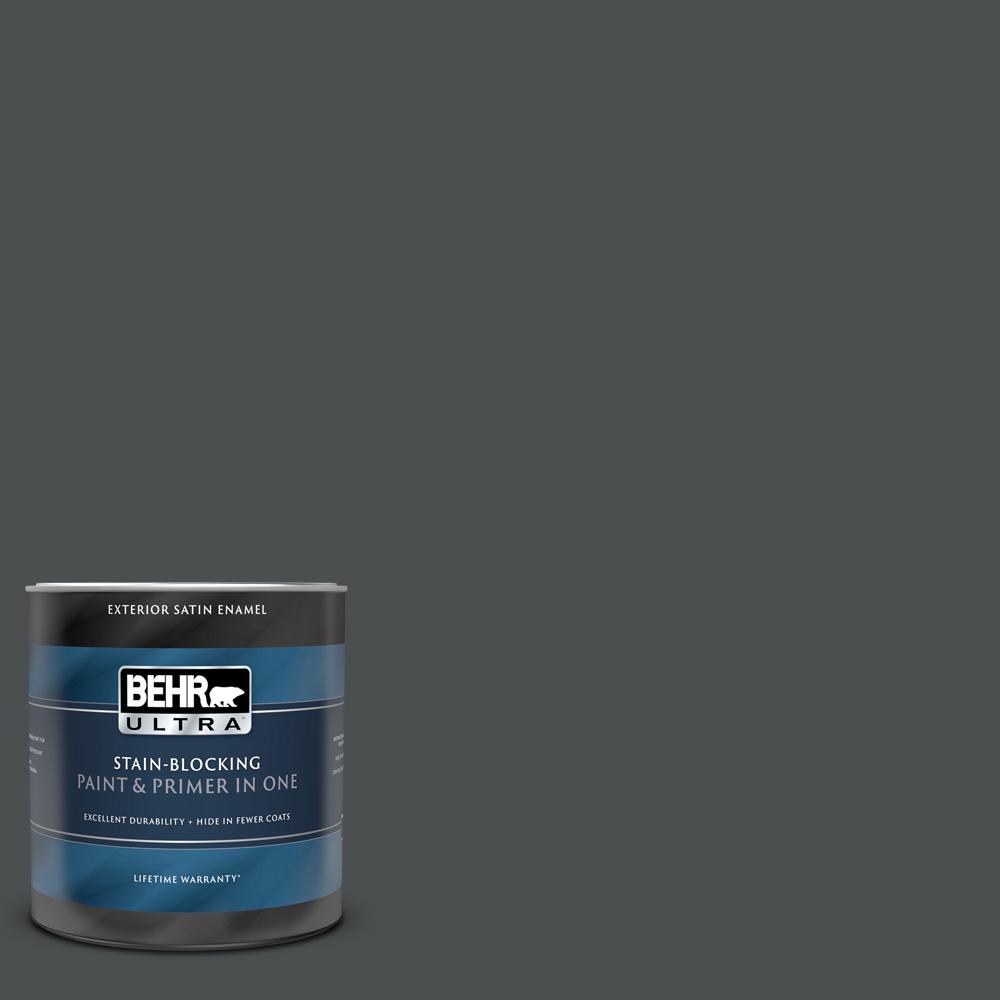 BEHR ULTRA 1 qt. #N460-7 Space Black Satin Enamel Exterior Paint and ...