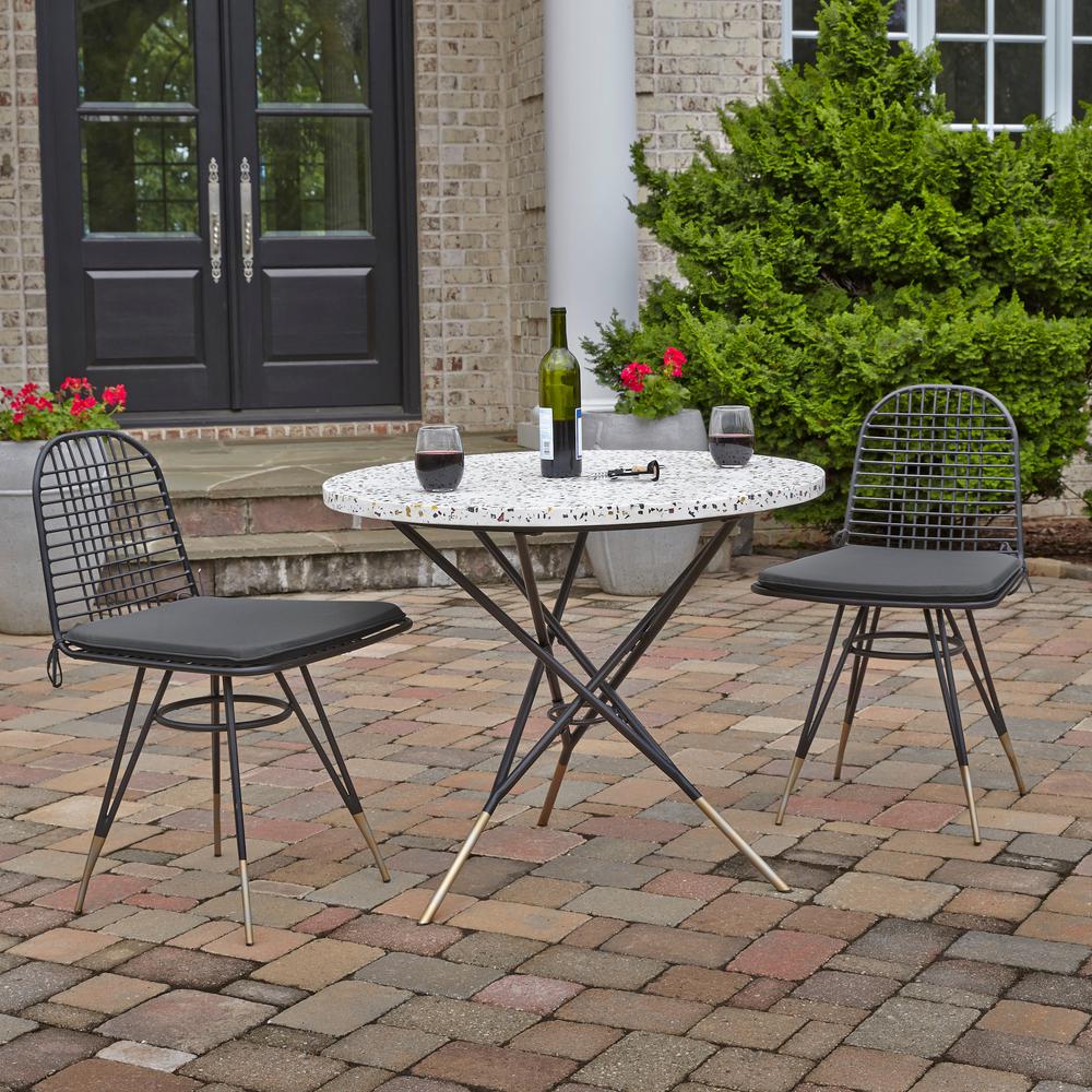 Homestyles Du Jour Black 3 Piece Metal Round Outdoor Indoor Bistro Set With Gray Cushions Tile Top Homestyles Du Jour Black 3 Piece Metal Round Outdoor Indoor Bistro Set With Gray Cushions Tile Top
