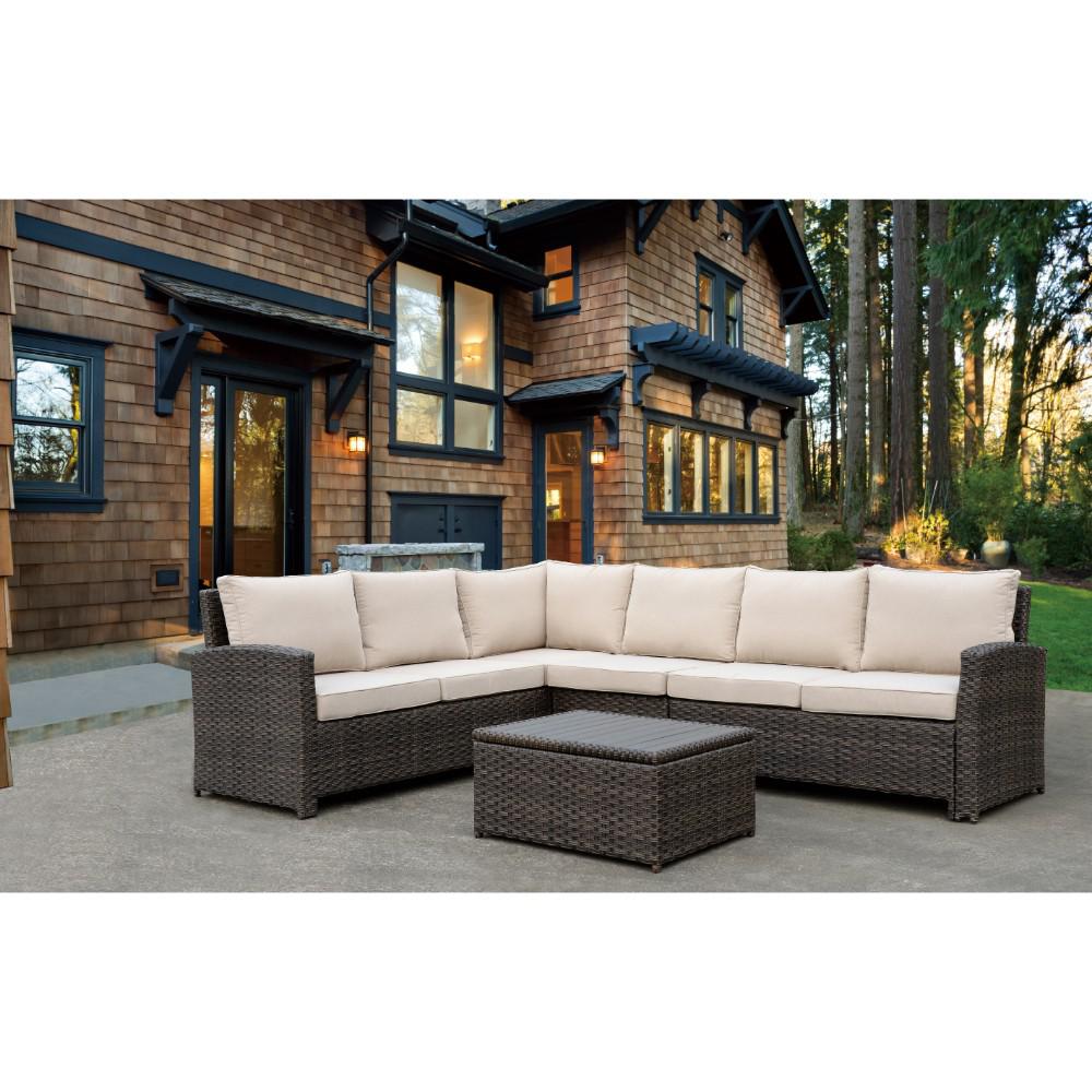 Outdoor Sectionals Lounge Furniture The Home Depot Rooftop Collection Brown Wicker Outdoor Sectional With Oatmeal Cushions 4 Piece