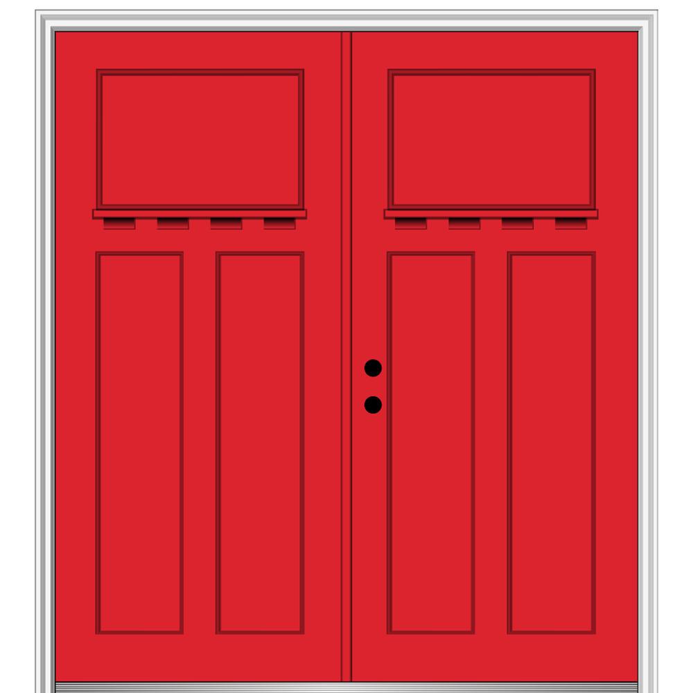 64 In X 80 In Classic Right Hand Inswing Craftsman 3 Panel Painted Fiberglass Smooth Prehung Front Door With Brickmold