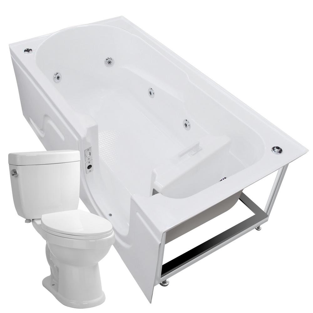 Universal Tubs Nova Heated Step In 59 6 In Walk In Whirlpool Bathtub In White With 1 6 Gpf Single Flush Toilet