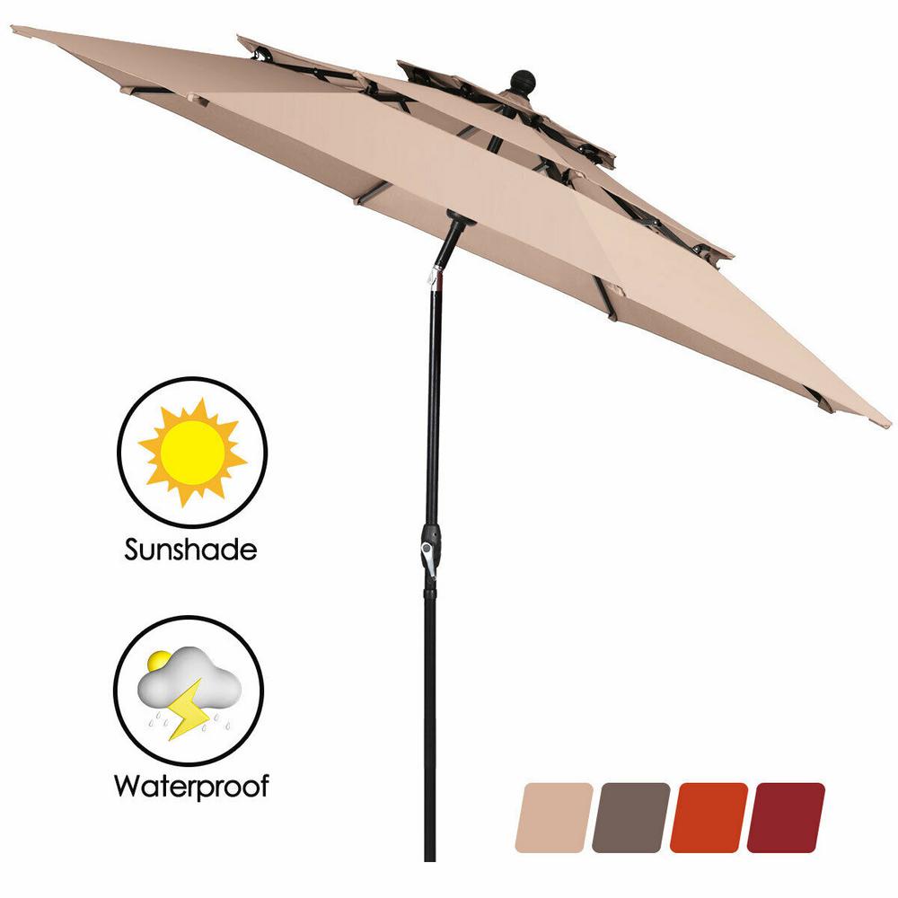 Costway 10 Ft 3 Tier Aluminum Sunshade Shelter Double Vented Market Patio Umbrella In Beige Op3928be The Home Depot