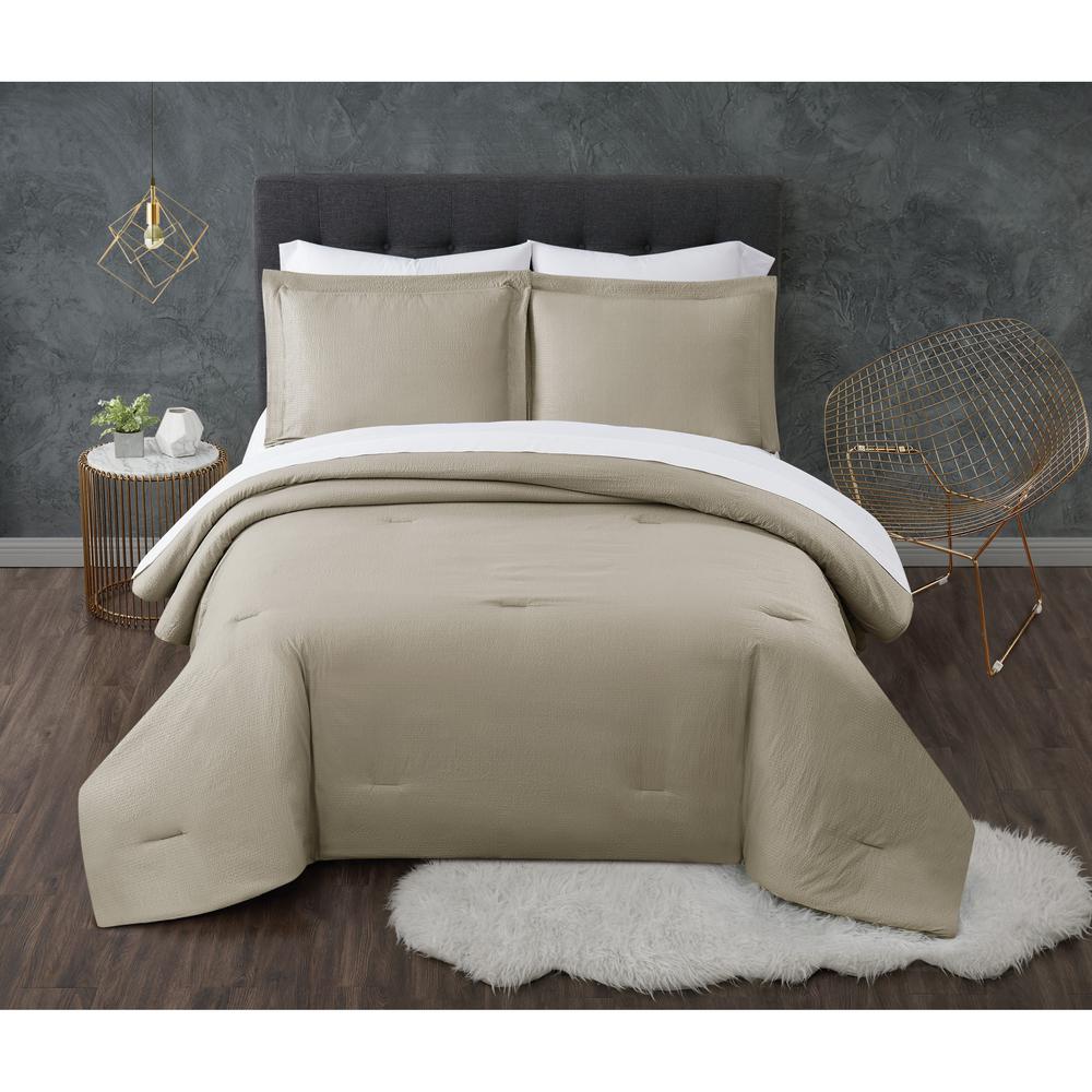 Truly Calm Antimicrobial 7 Piece Khaki Seersucker Microfiber Queen Comforter Set Bib3730kwqn 00 The Home Depot