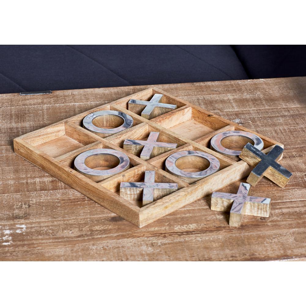 Litton Lane Brown Wood And Br Tic Tac Toe Set With Silver