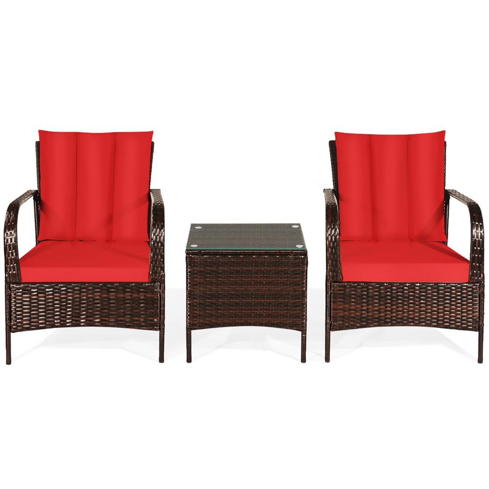 Costway Mix Brown 3 Piece Rattan Wicker Outdoor Furniture Patio Conversation Set With Orange Cushions Hw58621or The Home Depot