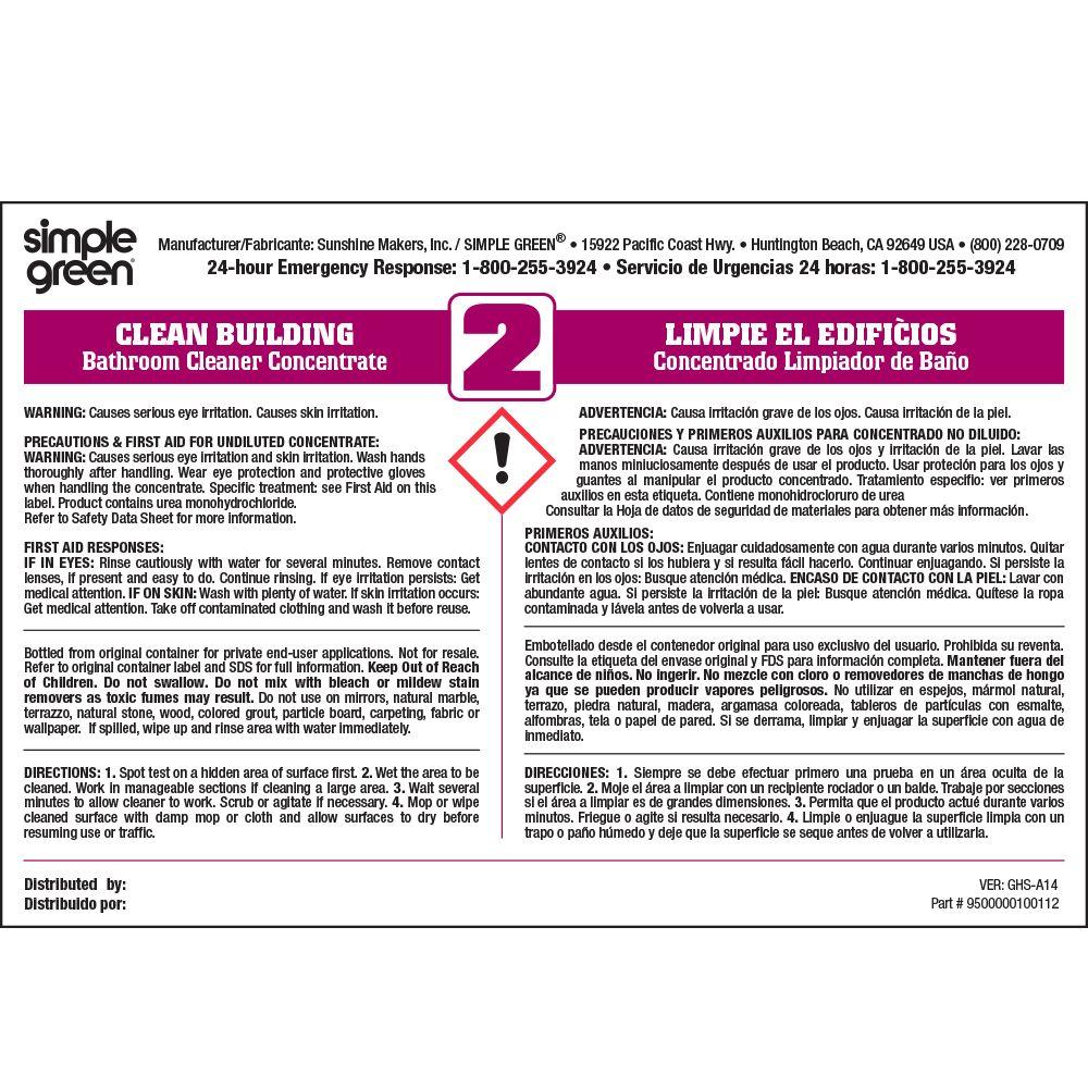Simple Green Clean Building Bathroom Cleaner Secondary Label (10Pack