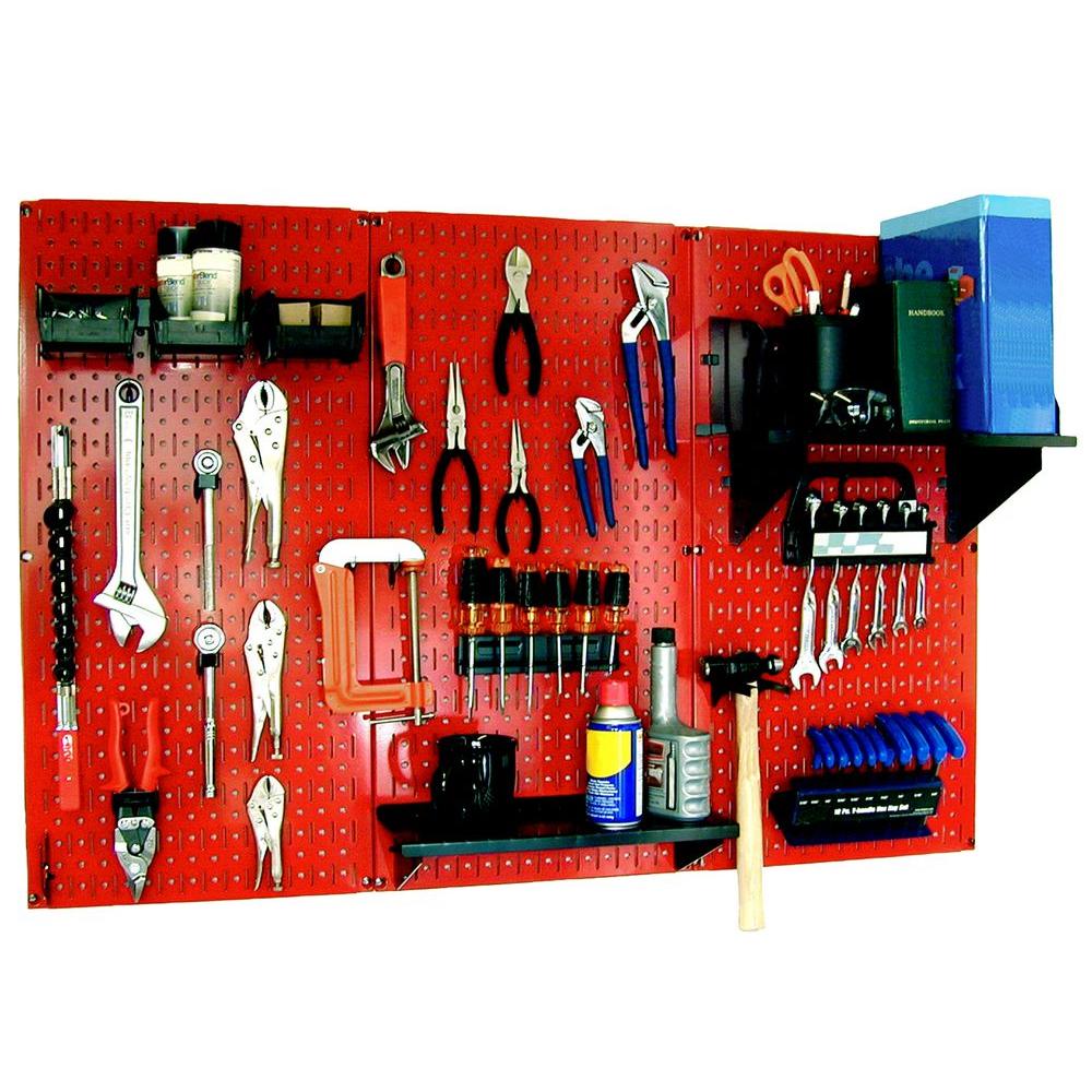 Wall Control 32 In X 48 Metal Pegboard Standard Tool Storage Kit With Red And Black Peg Accessories