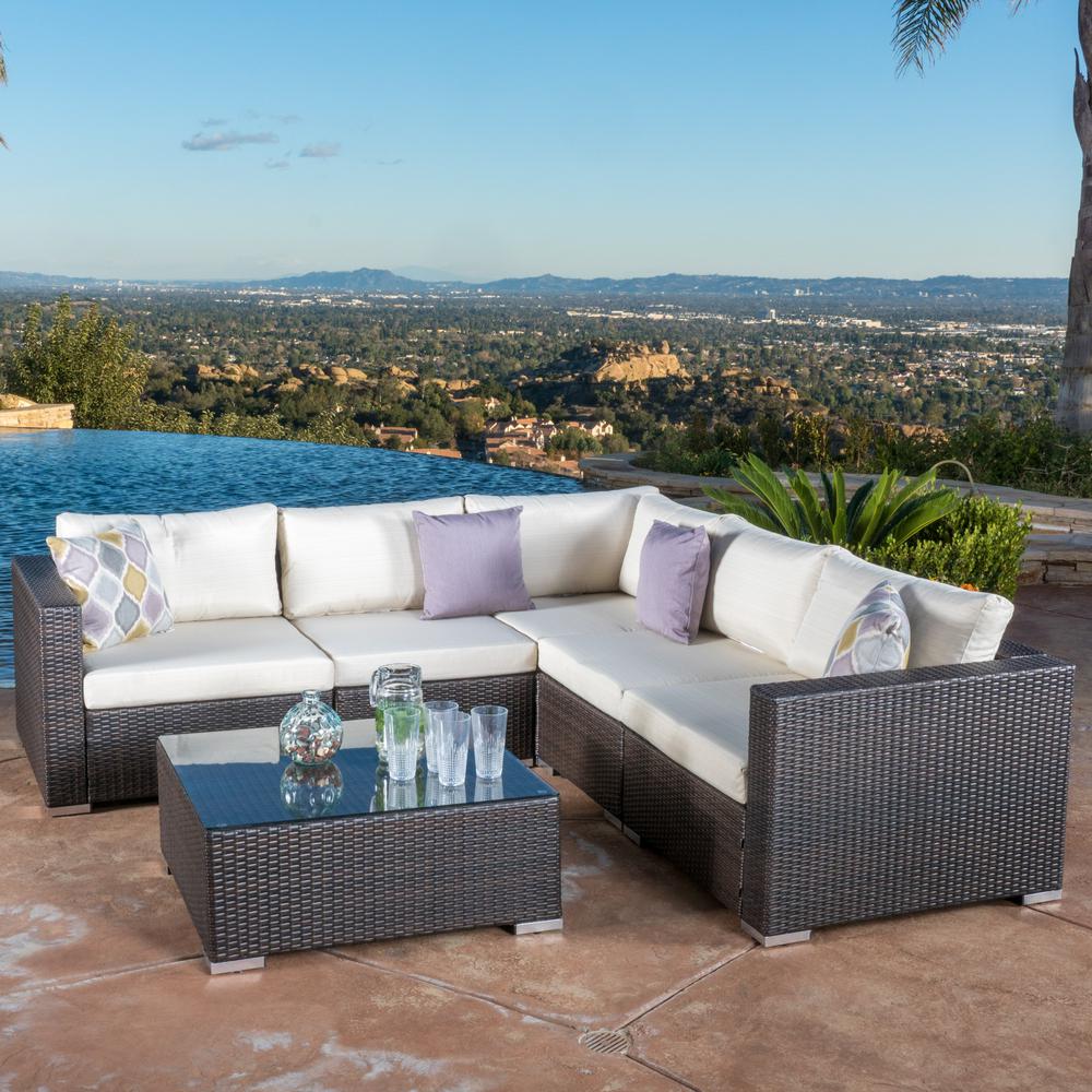 Noble House Santa Rosa Multi Brown 6 Piece Wicker Outdoor Sectional Set With Beige Cushions