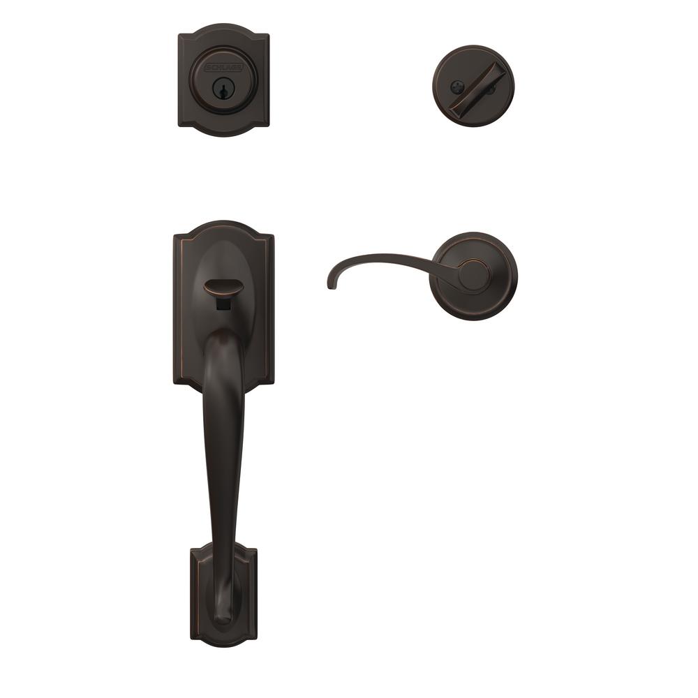 Schlage Custom Camelot Aged Bronze Single Cylinder Door Handleset With Whitney Door Lever And 3863