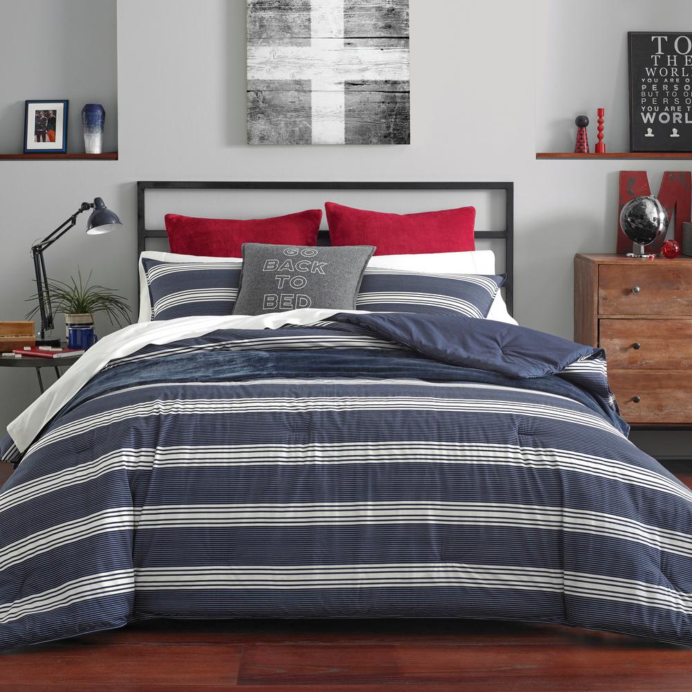 Nautica Craver 3 Piece Navy Blue Striped Cotton Full Queen Comforter Set Ushsa51111822 The Home Depot