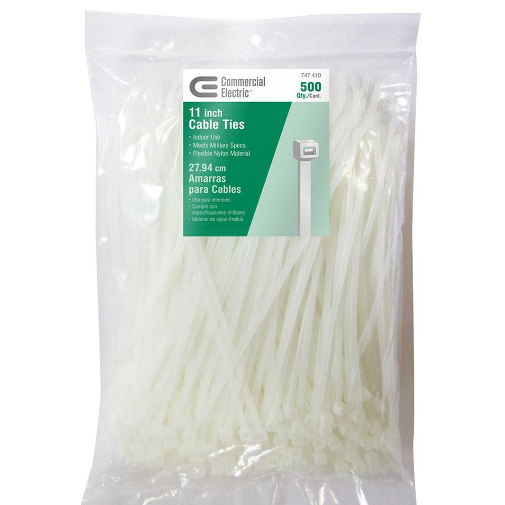 Commercial Electric 11in Standard 50lb Tensile Strength UL 21S Rated Cable Zip Ties 500 Pack Natural (White)