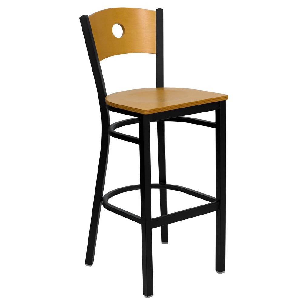Flash Furniture Natural Wood Back Seat Black Metal Frame Bar Stool