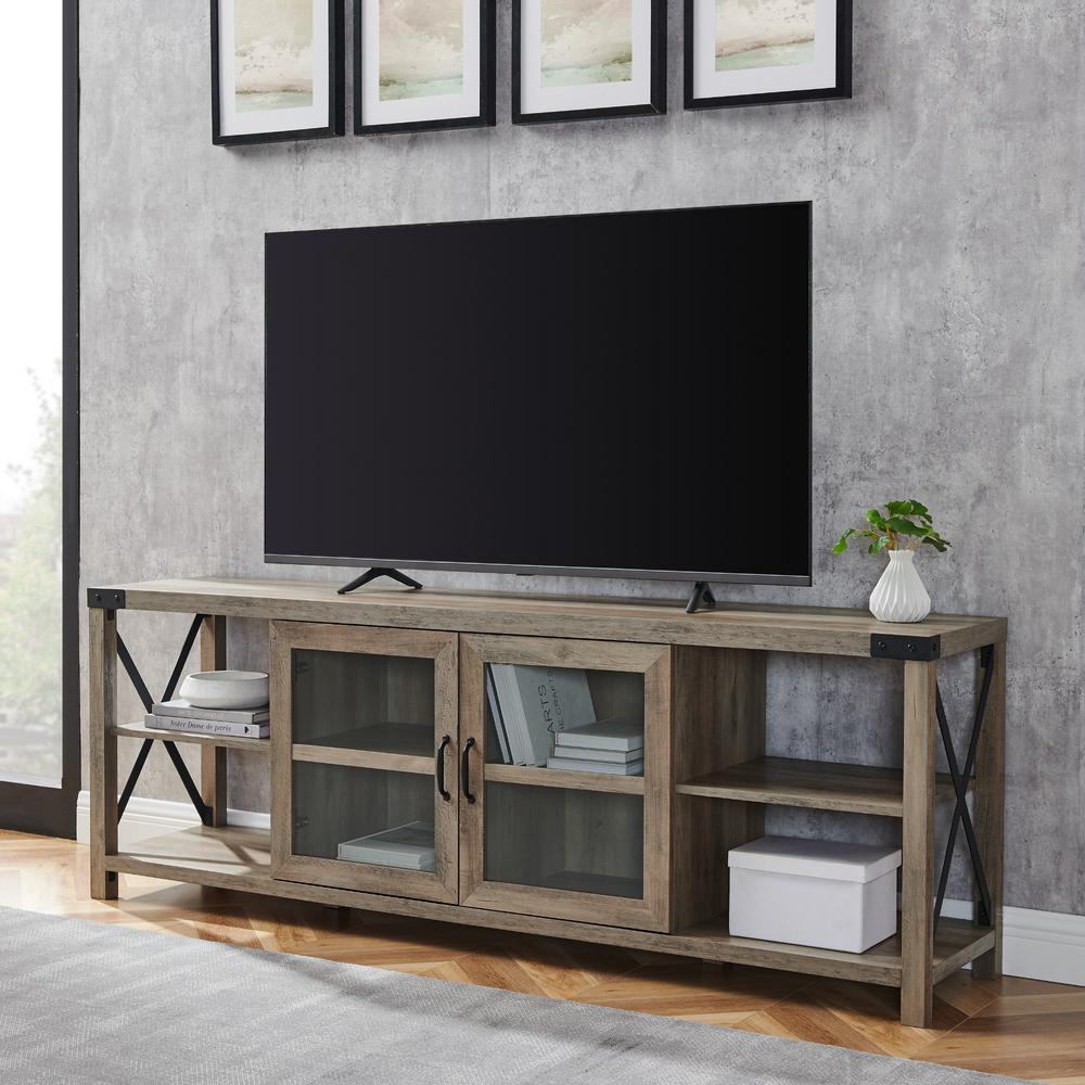 Welwick Designs 70 In Grey Wash Composite Tv Stand Fits Tvs Up To 78 In With Storage Doors Hd8118 The Home Depot