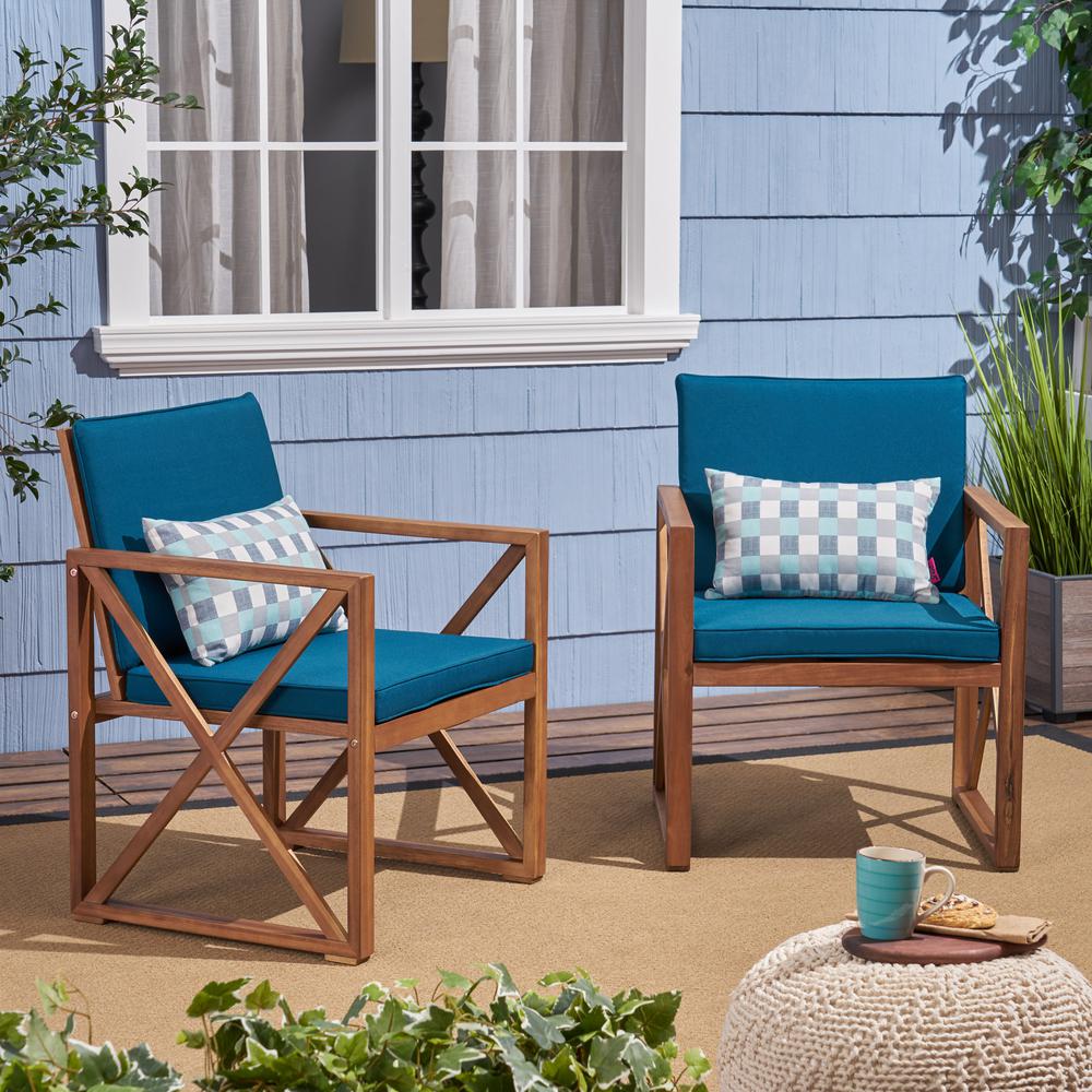 Noble House Lisa Brown Patina Stationary Wood Outdoor Lounge Chair With Dark Teal Cushions 2 Pack 65545 The Home Depot