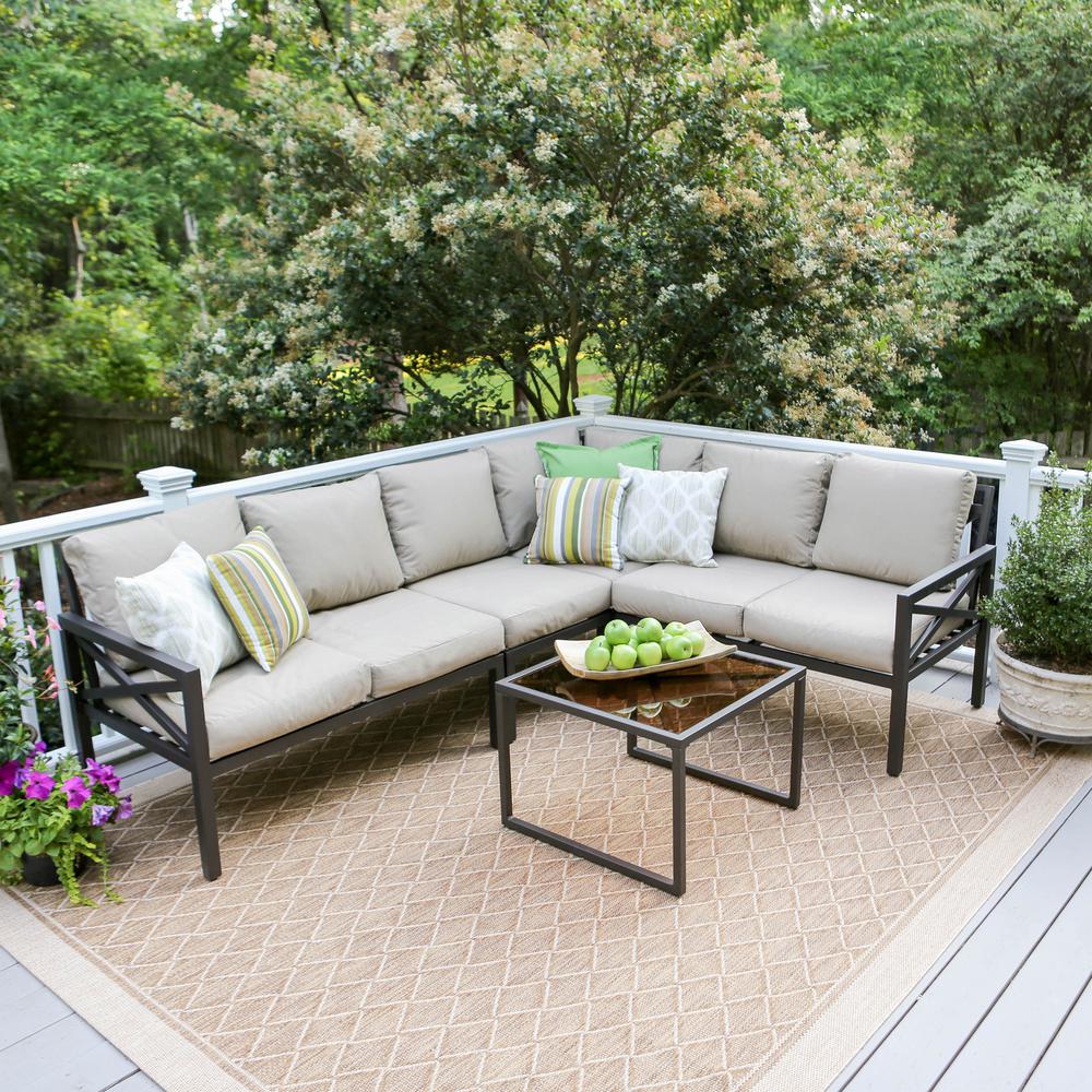 Hampton Bay Cavasso 5 Piece Metal Outdoor Sectional With Oatmeal Cushions 171 410 5sec V2 The Home Depot