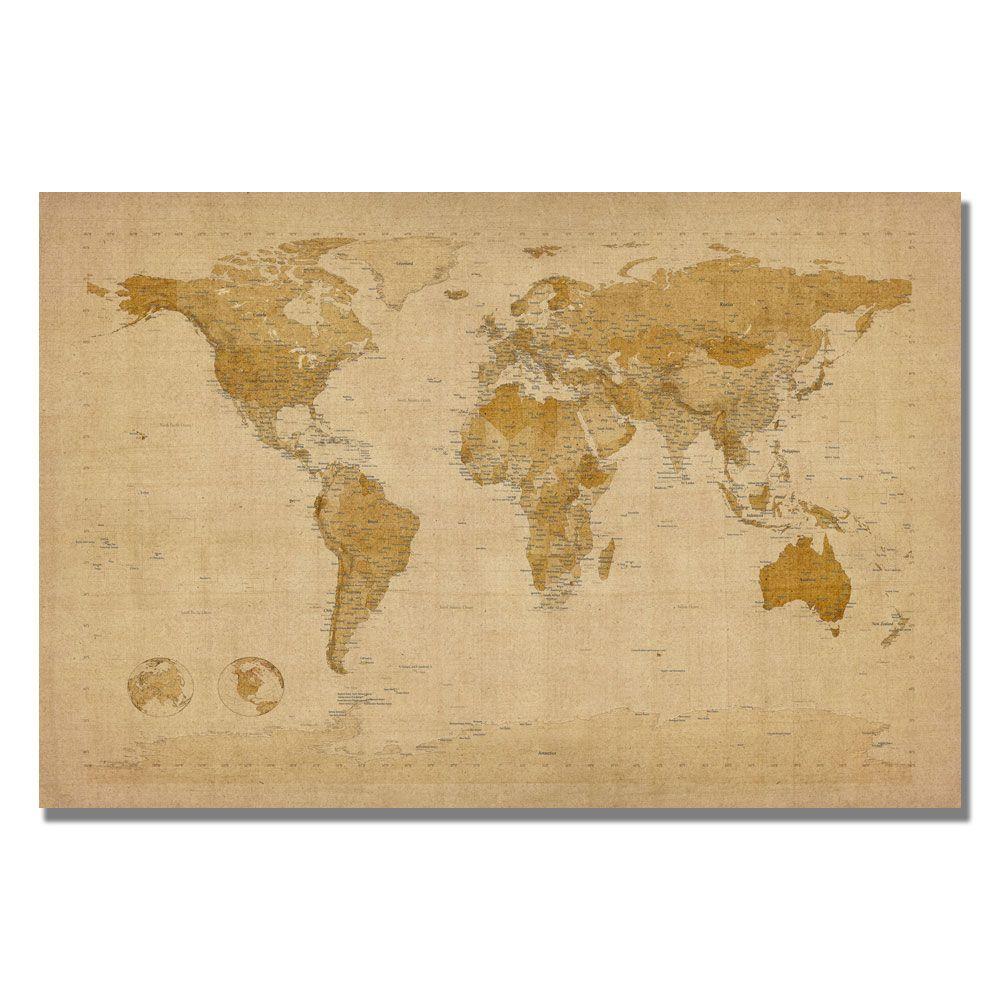 Canvas Map Of The World Trademark Fine Art 18 in. x 24 in. Antique World Map Canvas Art 