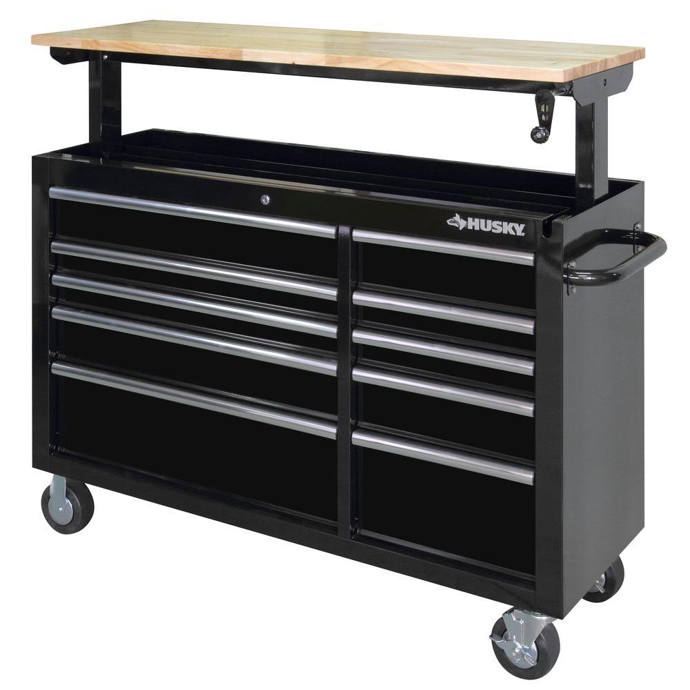 Husky 46 in. 9Drawer Mobile Workbench with Solid Wood Top, Black