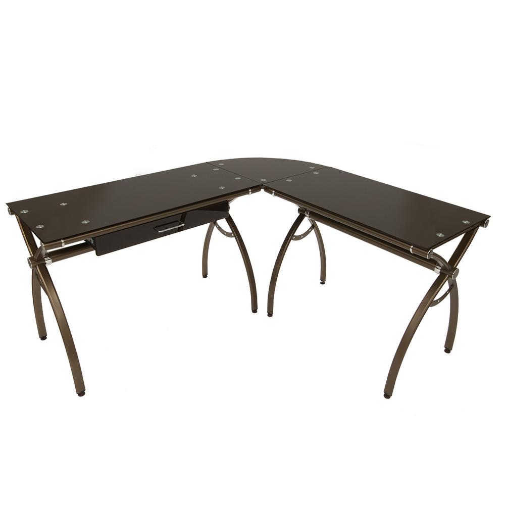 Chocolate L-Shaped Brown Tempered Glass Top Corner Desk with Drawer