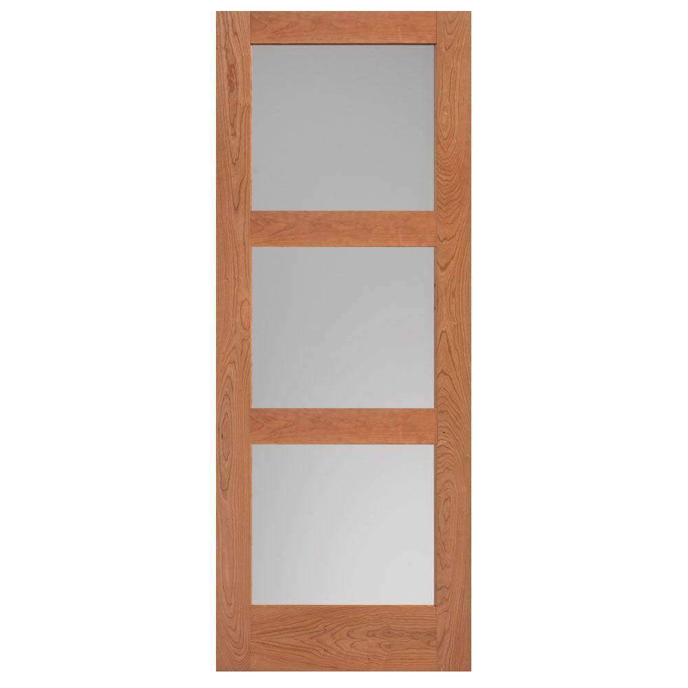 Masonite 40 in. x 84 in. Cherry Veneer 3-Lite Equal Solid Wood Interior ...