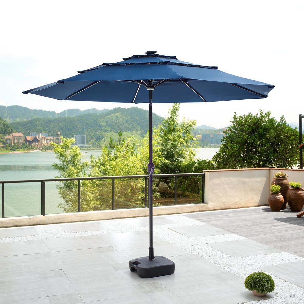 Patio Festival 9 8 Ft Solar Powered Light Up Tilt Market Umbrella With Base In Blue Pf20953 262 The Home Depot