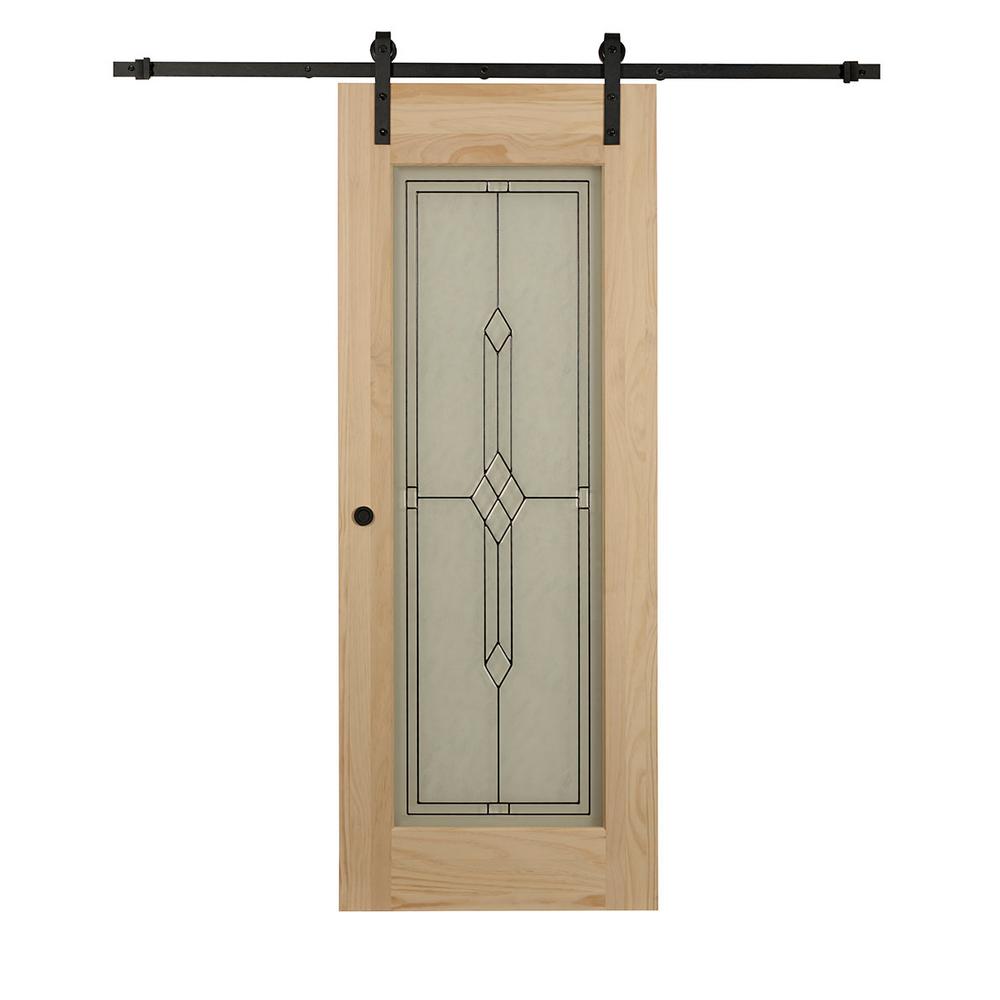 34 In X 84 In Timber Hill Diamond Frost Glass And Unfinished Pine Wood Sliding Barn Door Slab With Hardware Kit
