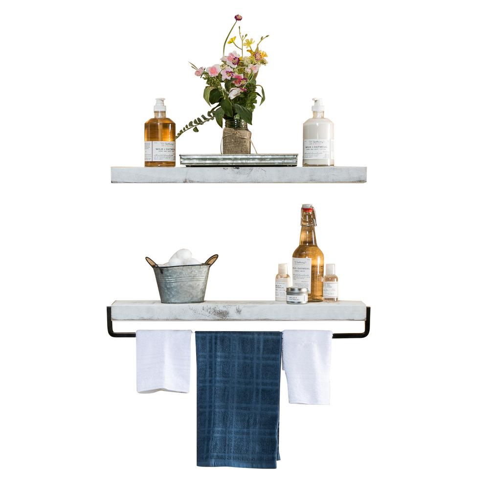 Del Hutson Designs True Floating 5 In X 24 White Pine Wood Decorative Wall Shelf And Towel Bar Set With Brackets Dhd2022wh The Home Depot Decorative Wall Shelf And Towel Bar