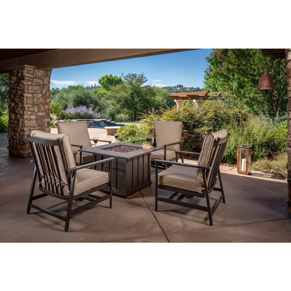 Weather Resistant Brown Uv Sunbrella Fabric Outdoor Hillcrest 5 Piece Aluminum Patio Fire Pit Conversation Set With Sunbrella Method Stone Cushions