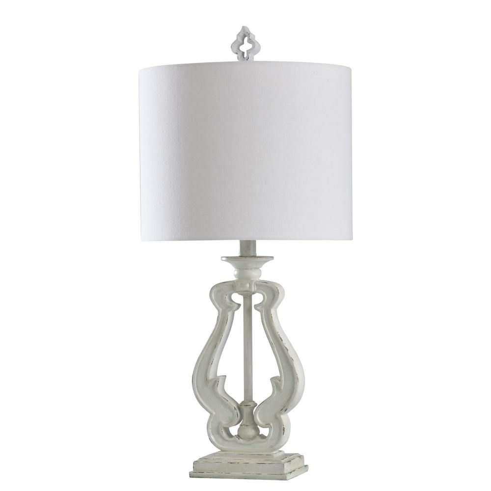 Stylecraft 27 In Distressed White Table Lamp With Textured Beige Gray Hardback Fabric Shade