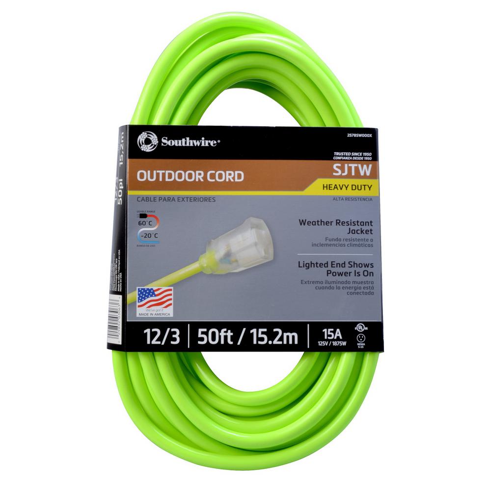 Outdoor Extension Cords Surge Protectors The 12 3 Sjtw Outdoor Heavy Duty Neon Green Extension Cord With