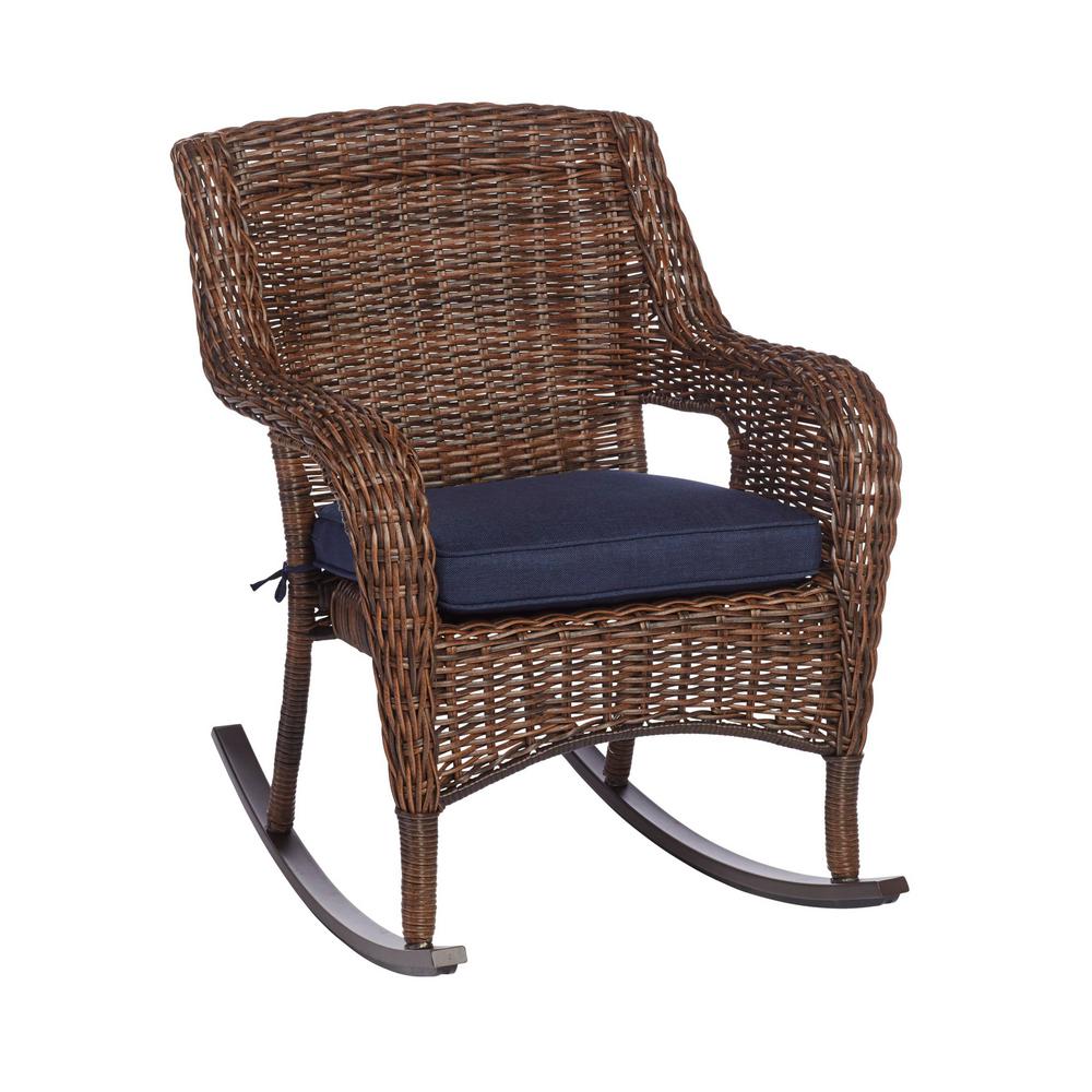 Hampton Bay Cambridge Brown Wicker Outdoor Rocking Chair with Blue