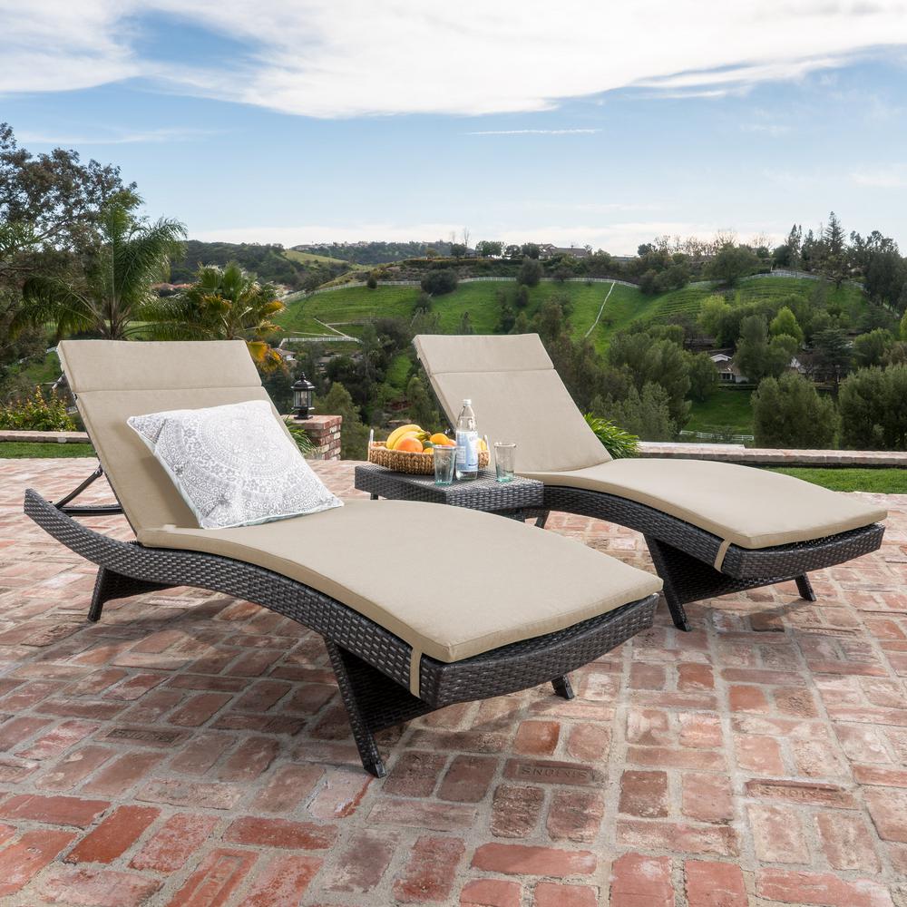 Noble House Salem Gray 3 Piece Wicker Outdoor Chaise Lounge And Side Table Set With Beige Cushions 12180 The Home Depot