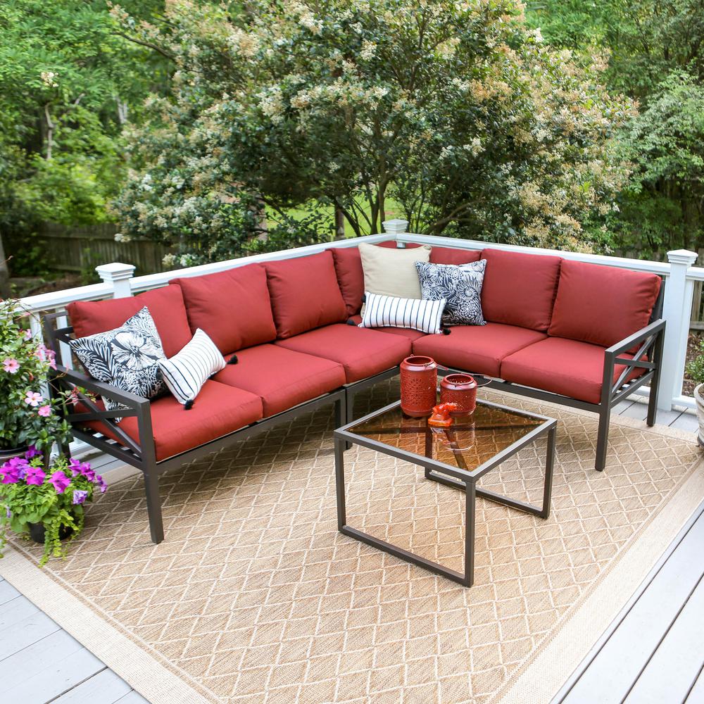 Red Black Outdoor Sectionals Lounge Furniture The Blakely Black 5 Piece Aluminum Outdoor Sectional With Red Cushions