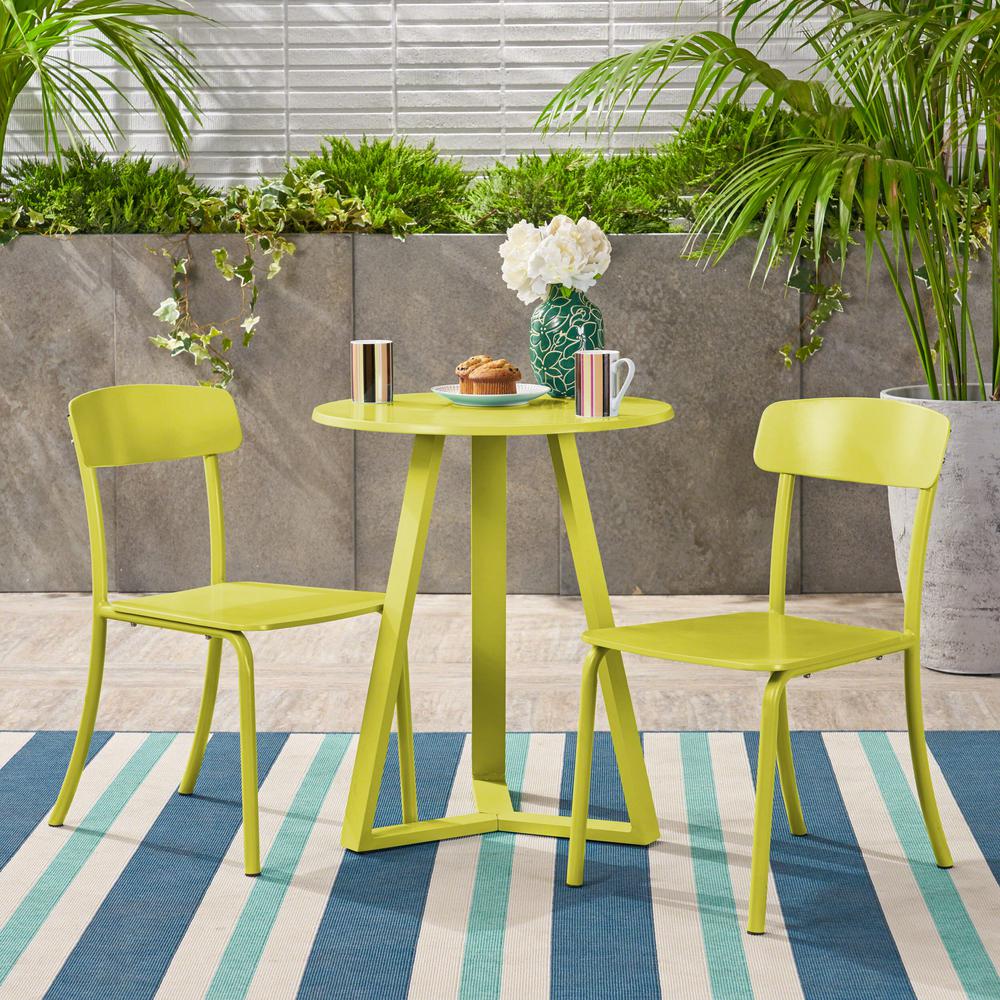 Noble House Samos Matte Lime Green 3Piece Metal Outdoor Bistro Set