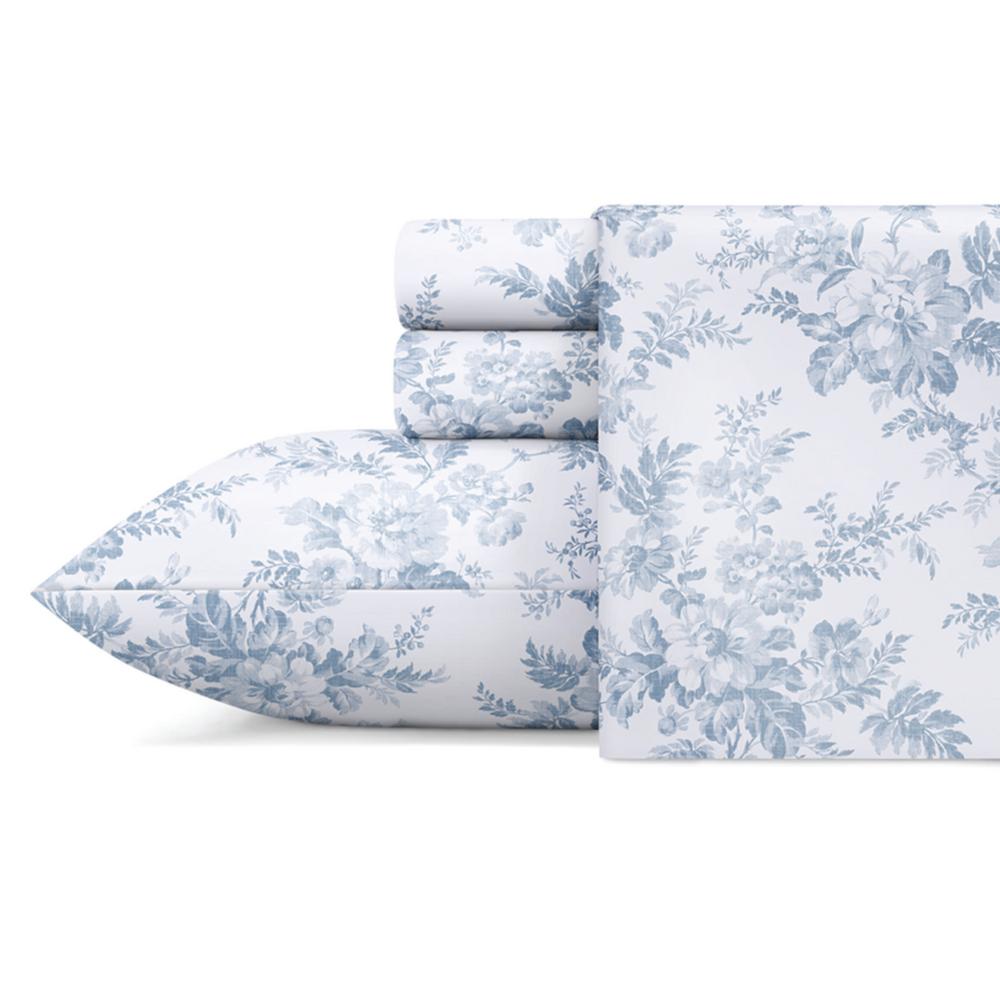 Laura Ashley Vanessa Flannel 4Piece Blue Cotton Queen Sheet Set